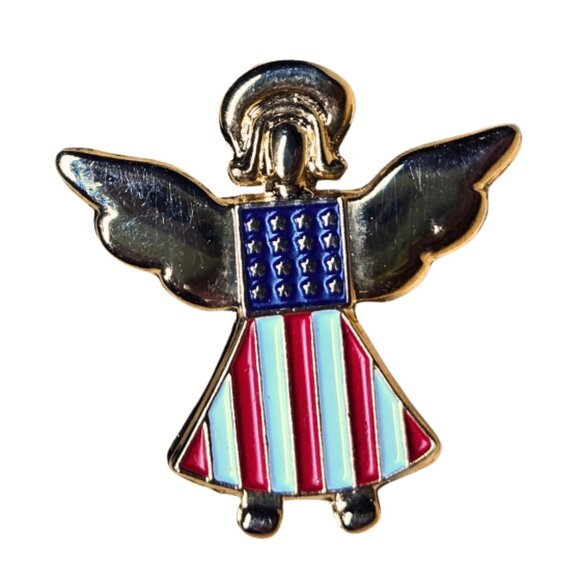 Vintage Guardian Angel American Flag Halo Gold Tone Lapel Pin Patriotic - Picture 1 of 1